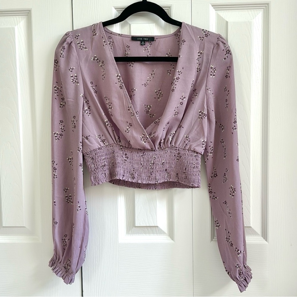 Love Tree Cropped Long Sleeve Purple Floral Blouse - Picture 2 of 3